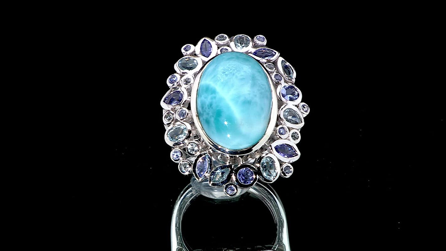 Premium Larimar, Multi Gemstone Ring in Rhodium Over Sterling Silver (Size 10.0) 16.25 ctw