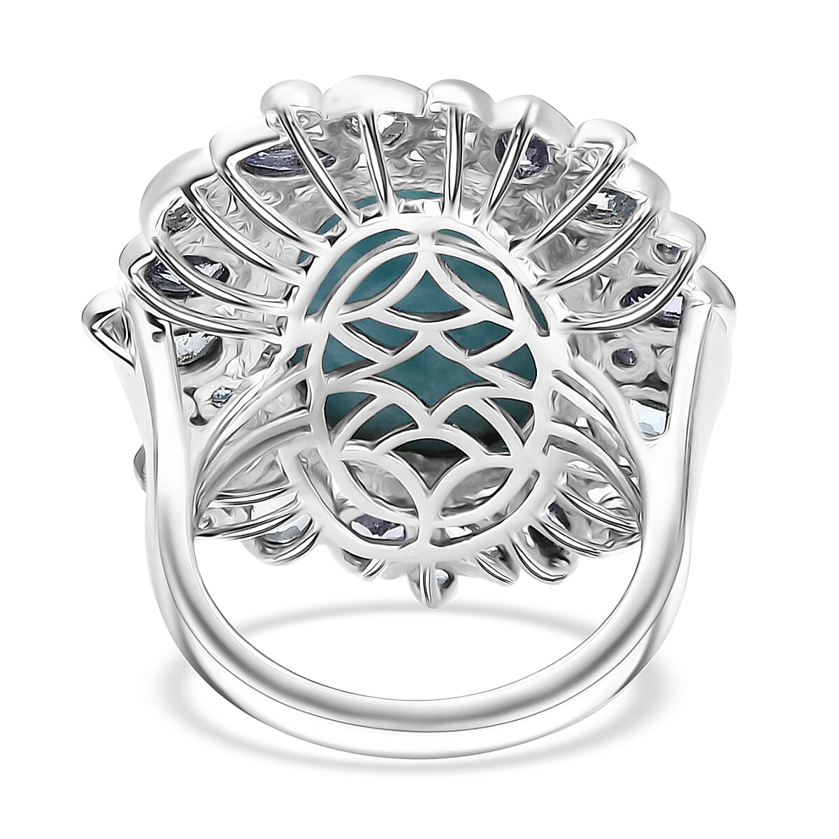 D'Joy Premium Larimar and Multi Gemstone 16.25 ctw Ocean Crown Ring in Rhodium Over Sterling Silver (Size 6.0)