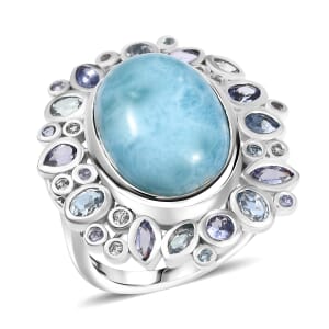 D'Joy Premium Larimar and Multi Gemstone 16.25 ctw Ocean Crown Ring in Rhodium Over Sterling Silver (Size 7.0)