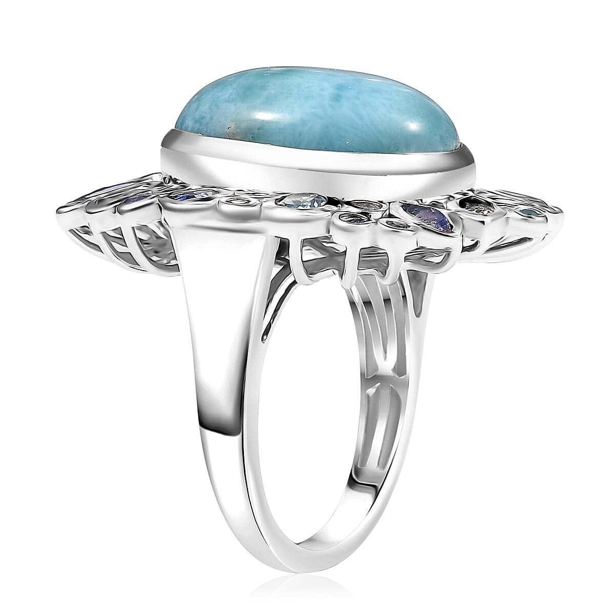 D'Joy Premium Larimar and Multi Gemstone 16.25 ctw Ocean Crown Ring in Rhodium Over Sterling Silver (Size 8.0) image number 3