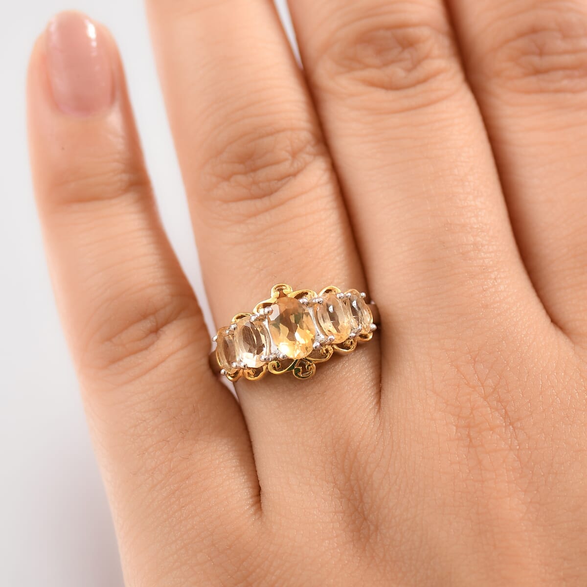 D'Joy Brazilian Citrine 2.00 ctw 5 Stone Filigree Ring in 18K Vermeil YG and Rhodium Over Sterling Silver (Size 5.0)  image number 2