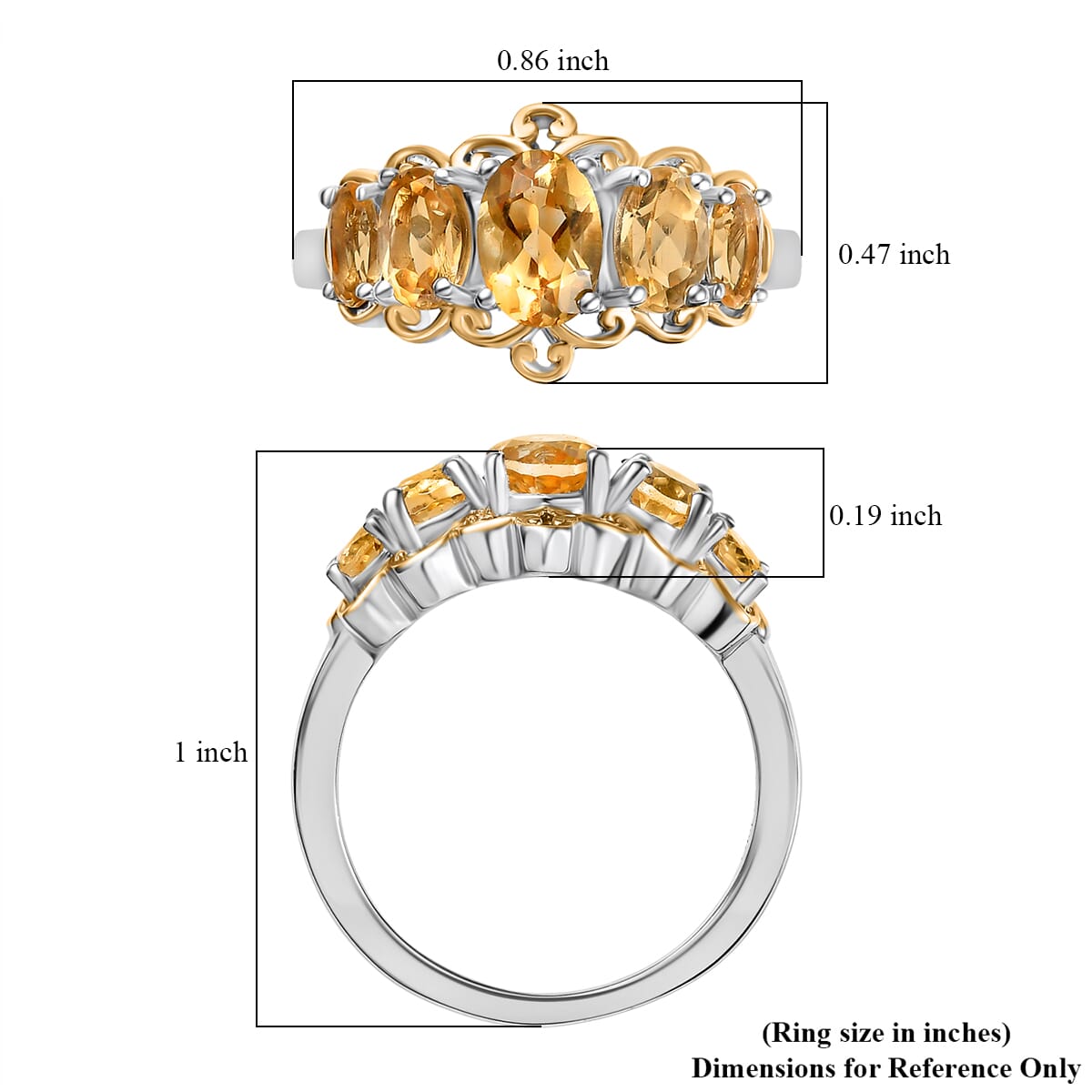 D'Joy Brazilian Citrine 2.00 ctw 5 Stone Filigree Ring in 18K Vermeil YG and Rhodium Over Sterling Silver (Size 5.0)  image number 5