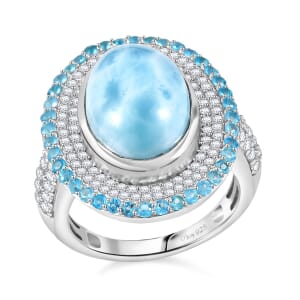 D'Joy Premium Larimar and Multi Gemstone 9.00 ctw Aqua Majesty Ring in Rhodium Over Sterling Silver (Size 10.0) (Del. In 10-12 Days)