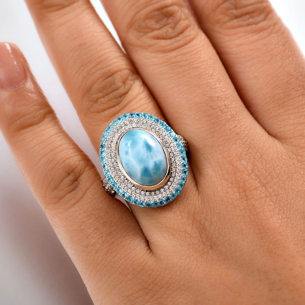 D'Joy Premium Larimar and Multi Gemstone 9.00 ctw Aqua Majesty Ring in Rhodium Over Sterling Silver (Size 10.0) (Del. In 10-12 Days) image number 2