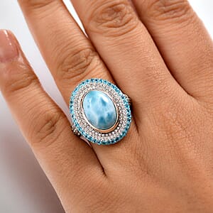 D'Joy Premium Larimar and Multi Gemstone 9.00 ctw Aqua Majesty Ring in Rhodium Over Sterling Silver (Size 10.0) (Del. In 10-12 Days)