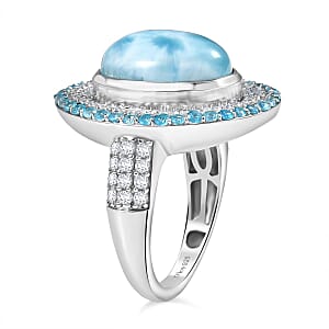 D'Joy Premium Larimar and Multi Gemstone 9.00 ctw Aqua Majesty Ring in Rhodium Over Sterling Silver (Size 10.0) (Del. In 10-12 Days)