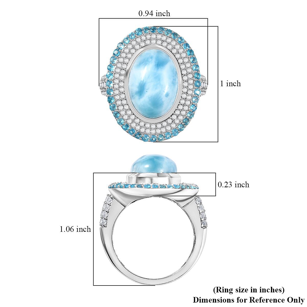 D'Joy Premium Larimar and Multi Gemstone 9.00 ctw Aqua Majesty Ring in Rhodium Over Sterling Silver (Size 10.0) (Del. In 10-12 Days)