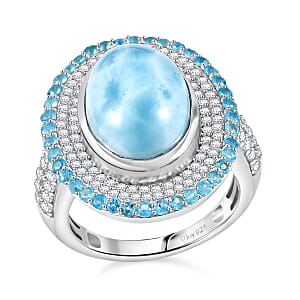 D'Joy Premium Larimar and Multi Gemstone 9.00 ctw Aqua Majesty Ring in Rhodium Over Sterling Silver (Size 6.0) (Del. In 10-12 Days)