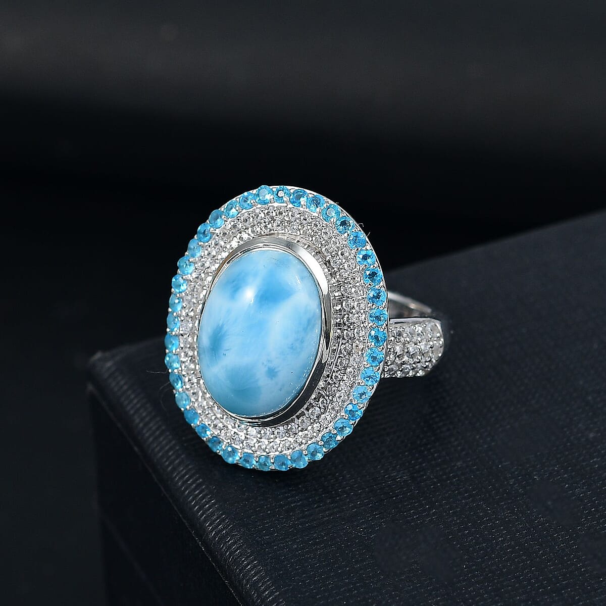 D'Joy Premium Larimar and Multi Gemstone 9.00 ctw Aqua Majesty Ring in Rhodium Over Sterling Silver (Size 6.0) (Del. In 10-12 Days) image number 1