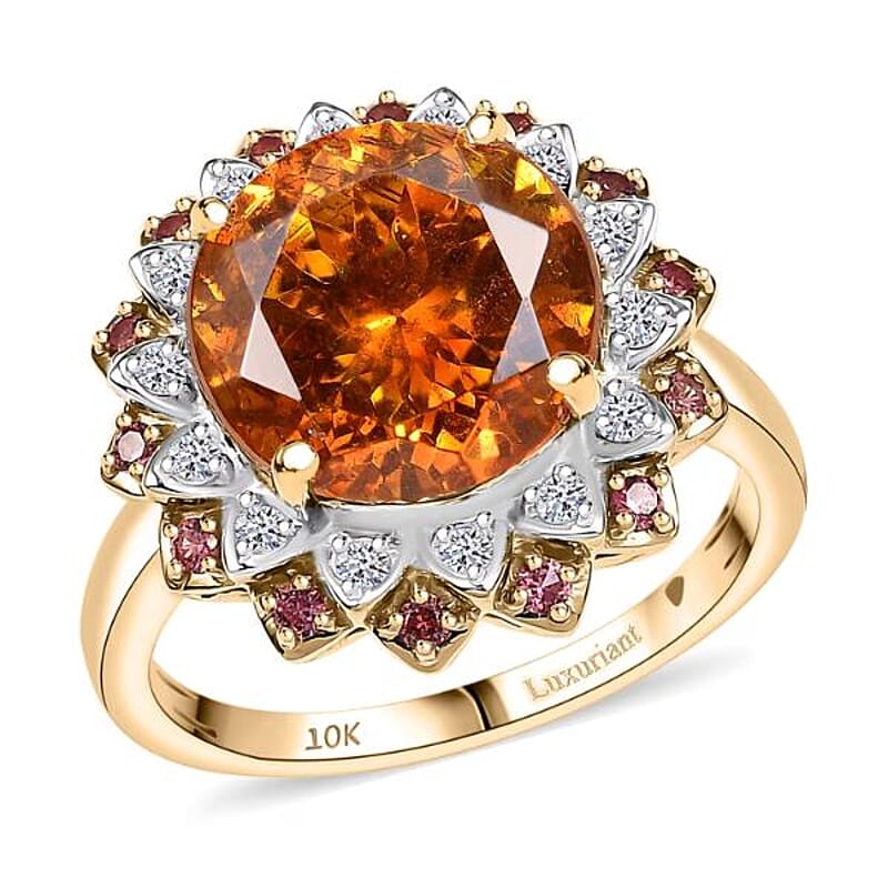 AAA Picos Altos Sphalerite, Padparadscha Sapphire and G-H SI Luxuriant Lab Grown Diamond 7.38 ctw Ring in 10K Yellow Gold (Size 10.0)