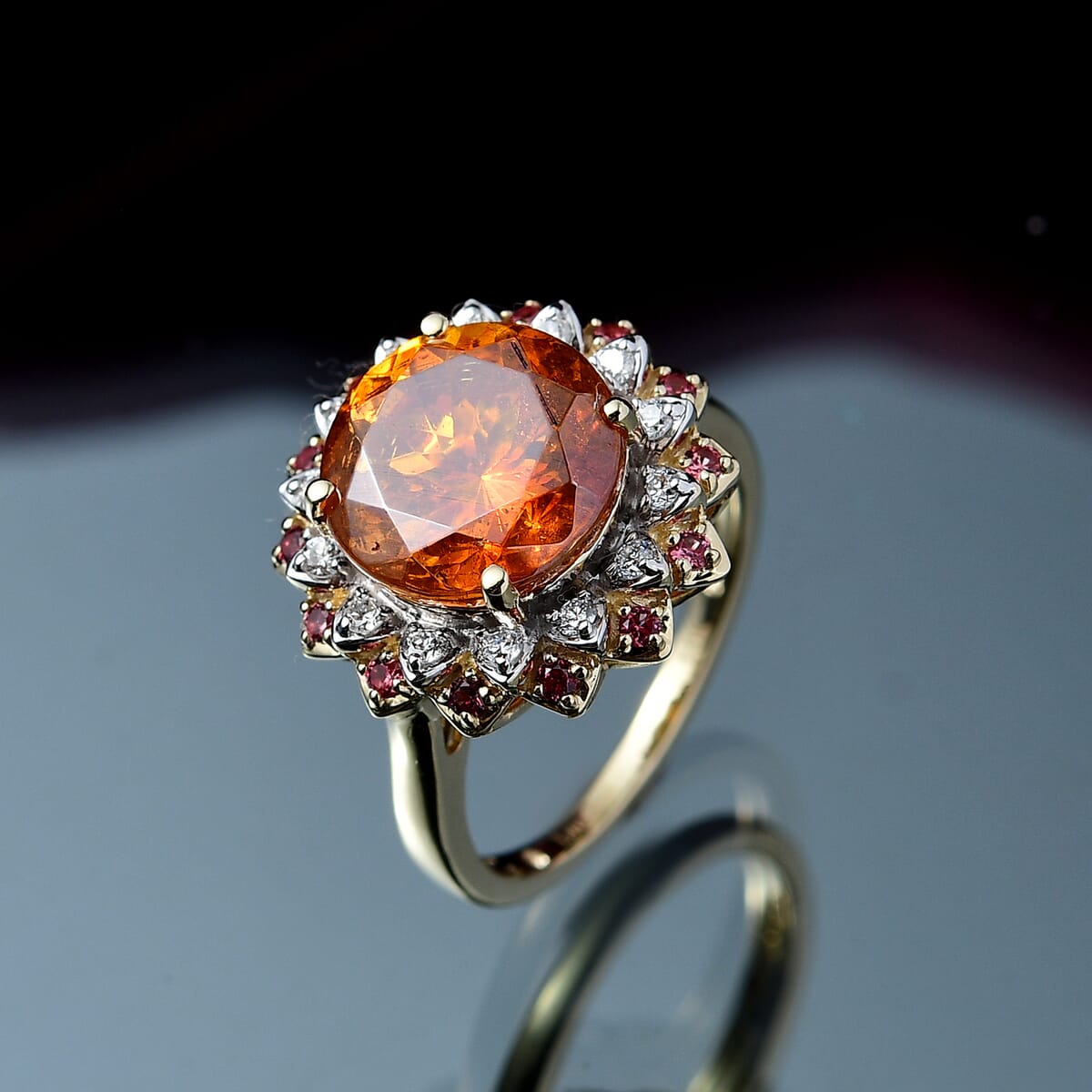 AAA Picos Altos Sphalerite, Padparadscha Sapphire and G-H SI Luxuriant Lab Grown Diamond 7.38 ctw Ring in 10K Yellow Gold (Size 10.0) image number 1