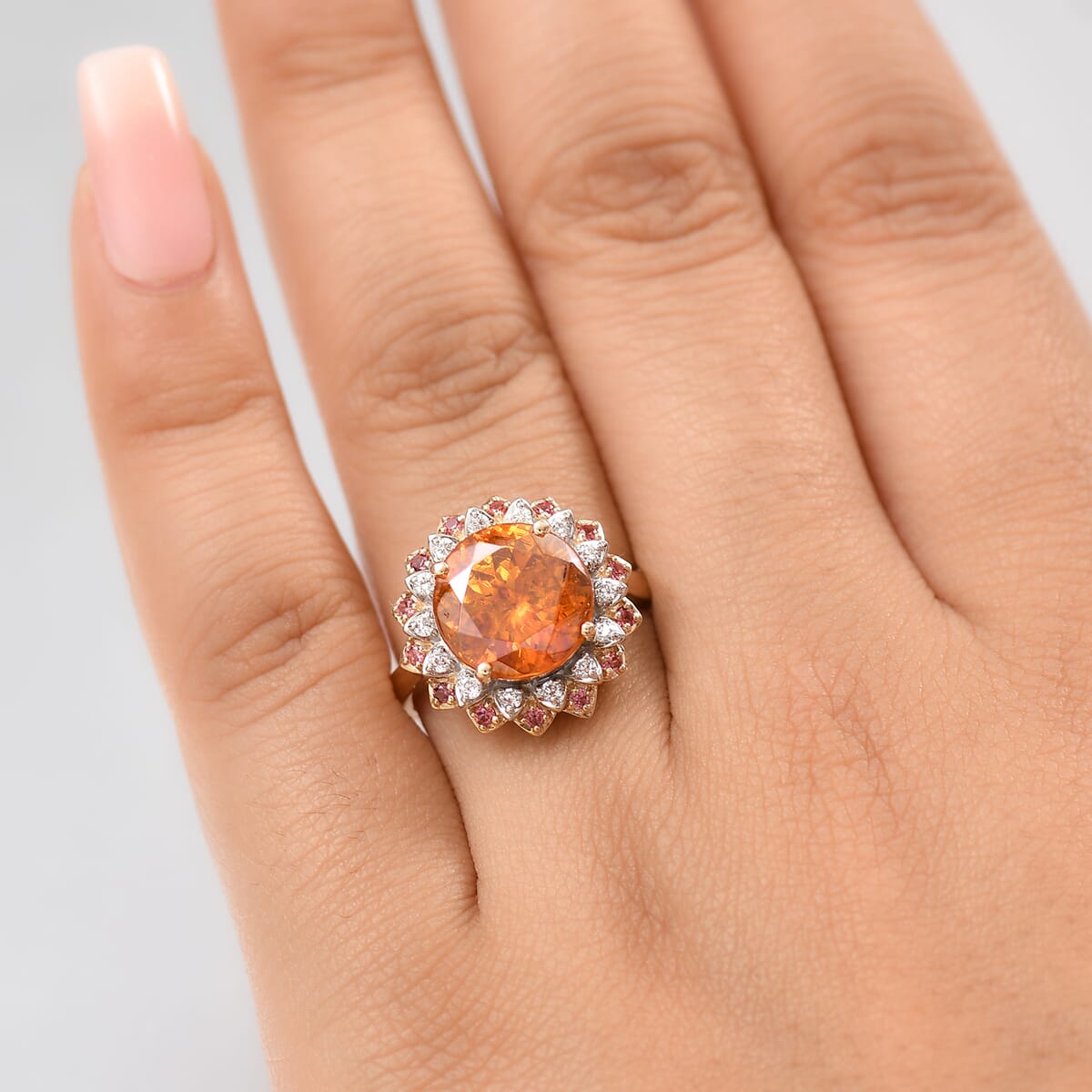 AAA Picos Altos Sphalerite, Padparadscha Sapphire and G-H SI Luxuriant Lab Grown Diamond 7.38 ctw Ring in 10K Yellow Gold (Size 10.0) image number 2