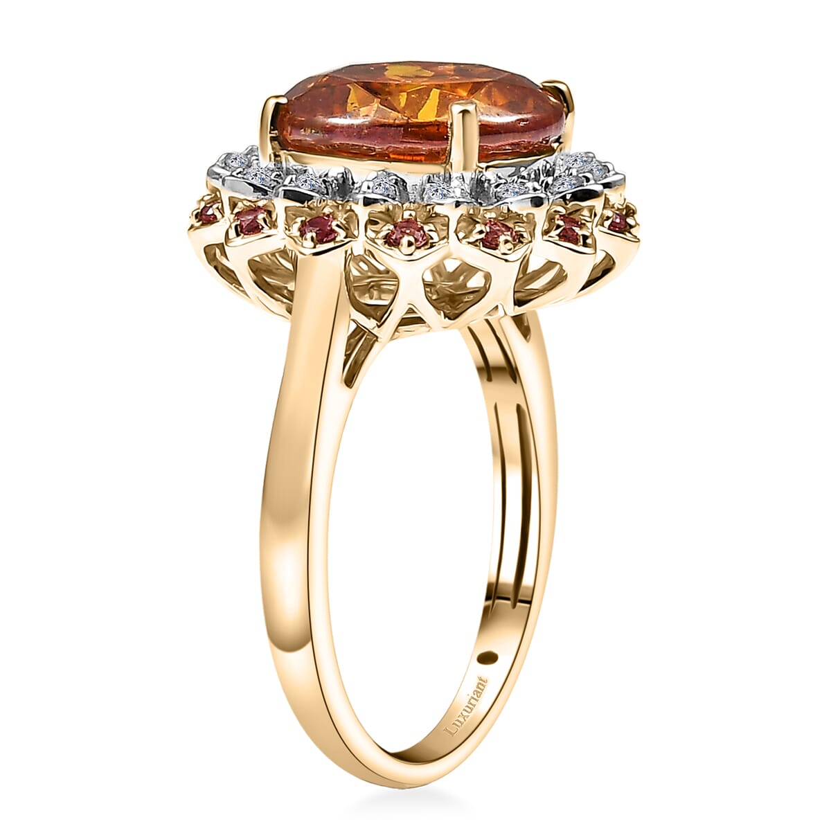 AAA Picos Altos Sphalerite, Padparadscha Sapphire and G-H SI Luxuriant Lab Grown Diamond 7.38 ctw Ring in 10K Yellow Gold (Size 10.0) image number 3