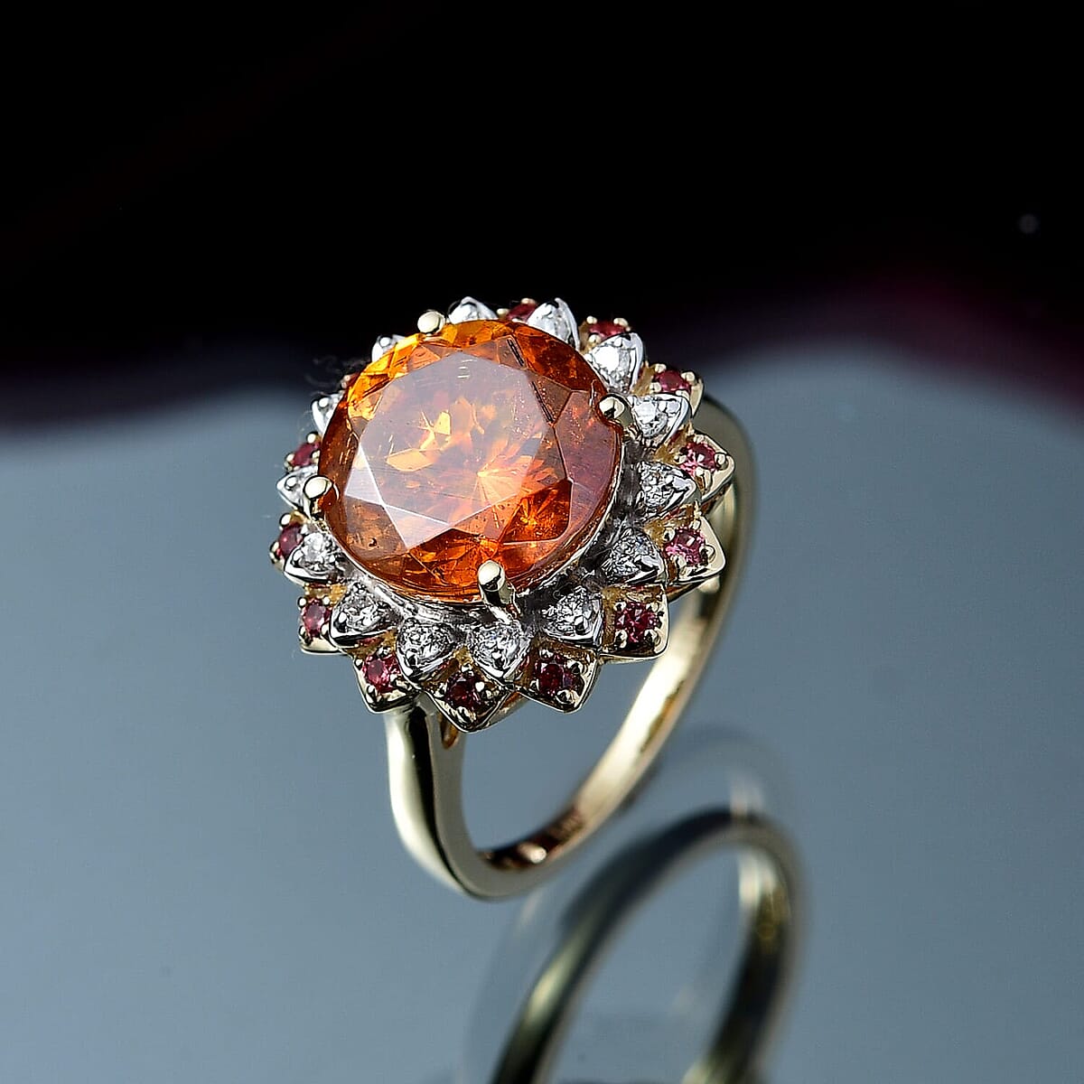 10K Yellow Gold AAA Picos Altos Sphalerite, Padparadscha Sapphire, Luxuriant Lab Grown Diamond (G-H, SI) Ring (Size 7.5) 7.38 ctw image number 1