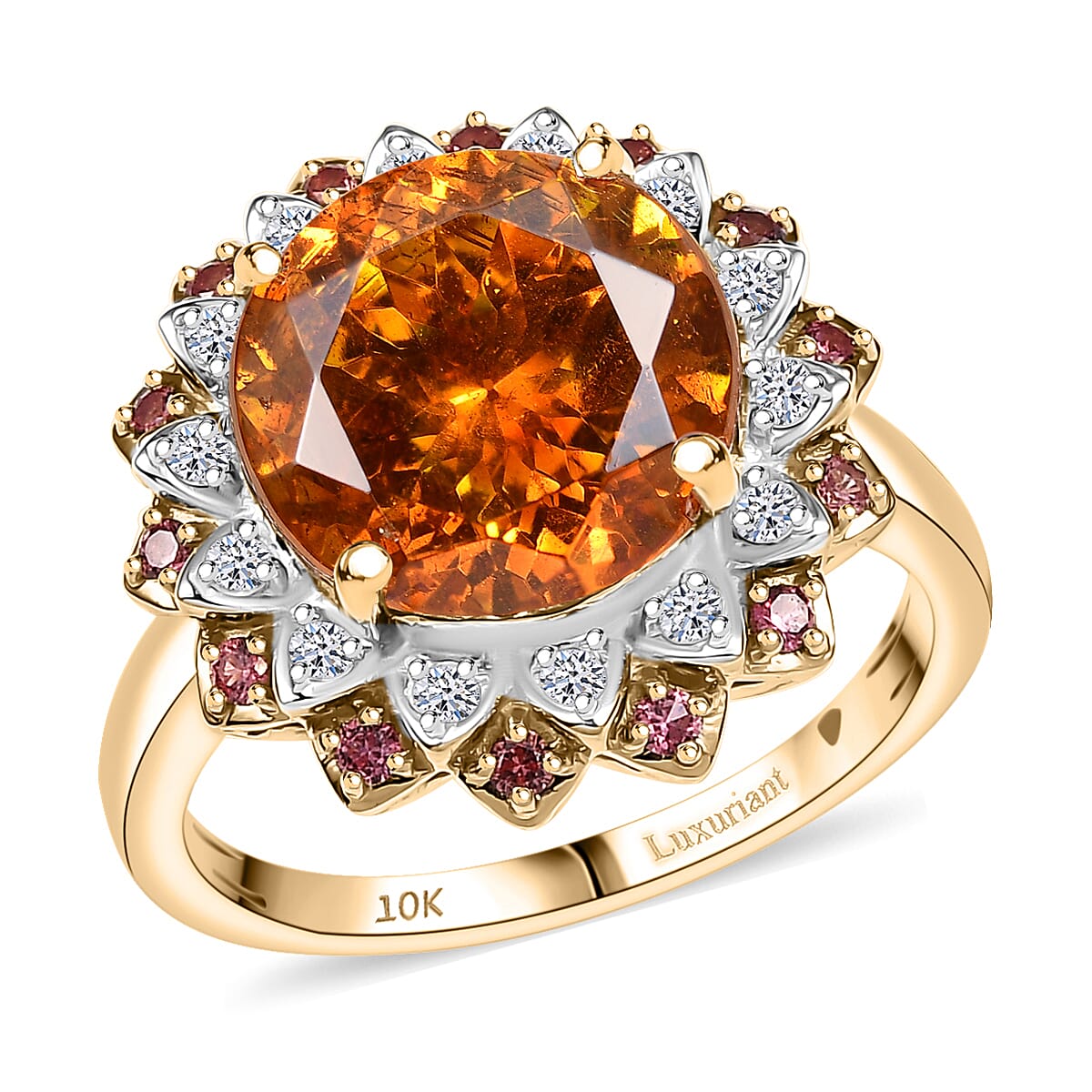 AAA Picos Altos Sphalerite, Padparadscha Sapphire and G-H SI Luxuriant Lab Grown Diamond 7.38 ctw Ring in 10K Yellow Gold (Size 9.0) image number 0
