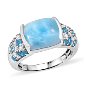D'Joy Premium Larimar and Multi Gemstone 5.85 ctw Aqua Embrace Ring in Rhodium Over Sterling Silver (Size 10.0)