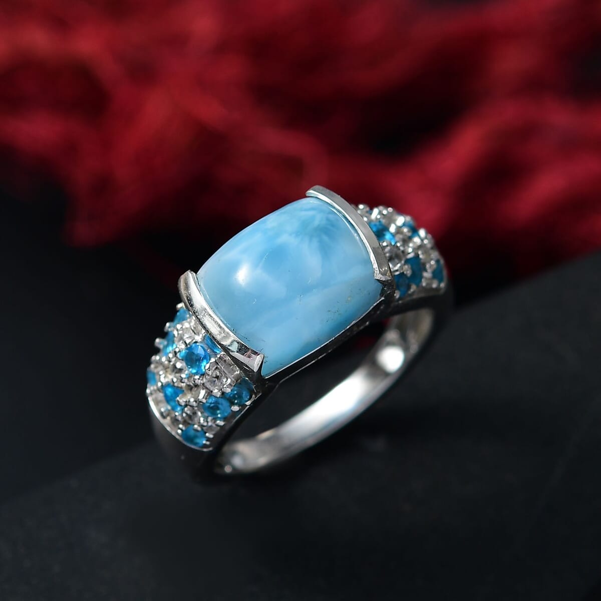 D'Joy Premium Larimar and Multi Gemstone 5.85 ctw Aqua Embrace Ring in Rhodium Over Sterling Silver (Size 10.0) image number 1