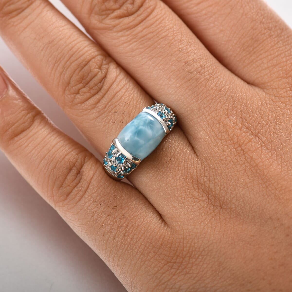 D'Joy Premium Larimar and Multi Gemstone 5.85 ctw Aqua Embrace Ring in Rhodium Over Sterling Silver (Size 10.0) image number 2