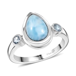 D'Joy Premium Larimar and Sky Blue Topaz 2.70 ctw Ocean Tear Ring in Rhodium Over Sterling Silver (Size 10.0)