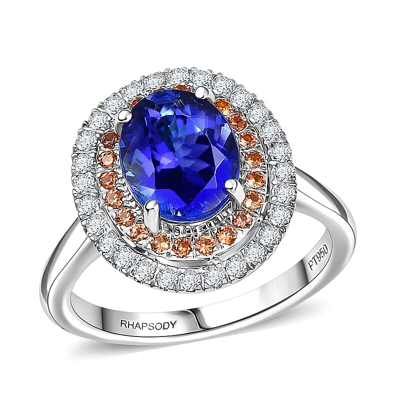 Certified & Appraised Rhapsody AAAA Tanzanite, Padparadscha Sapphire, Diamond Ring in 950 Platinum 3.00 ctw (Size 10.0)