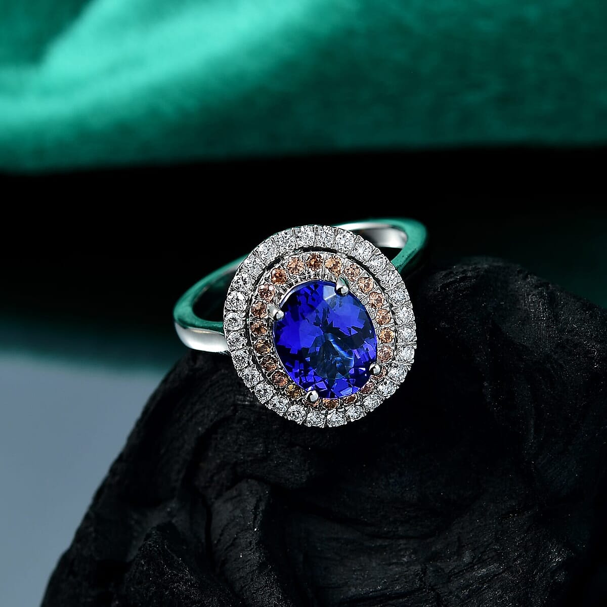 Certified & Appraised Rhapsody 950 Platinum AAAA Tanzanite, Padparadscha Sapphire, Diamond (E-F, VS) (0.35 cts) Ring (Size 11.0) (7 g) 3.00 ctw image number 1