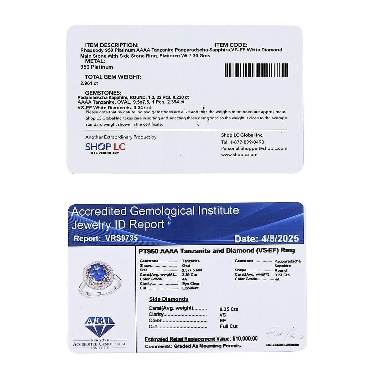 Certified and Appraised Rhapsody AAAA Tanzanite, Padparadscha Sapphire and E-F VS Diamond 3.00 ctw Ring in 950 Platinum (Size 6.0) 7 Grams image number 6