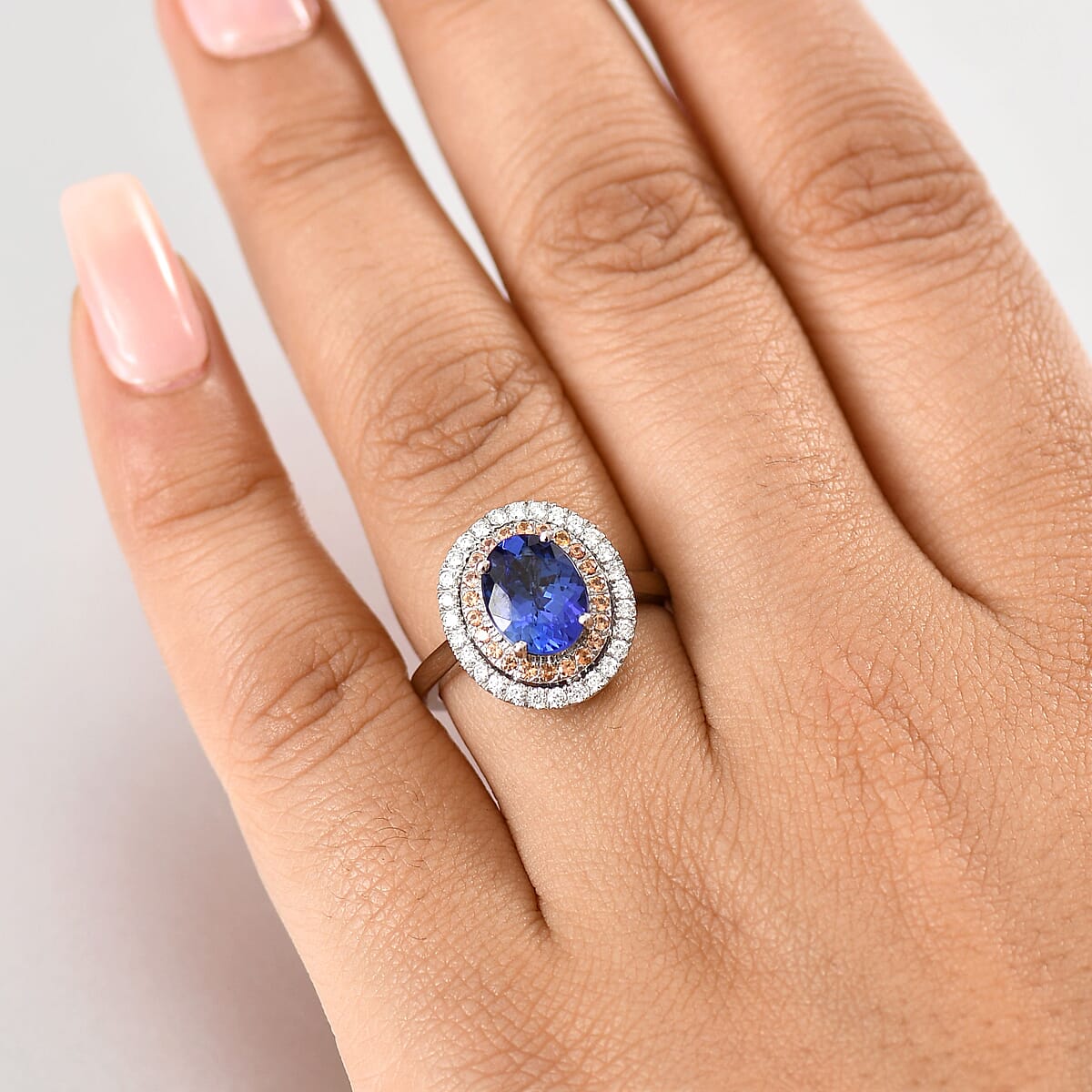 Certified & Appraised Rhapsody AAAA Tanzanite, Padparadscha Sapphire and E-F VS Diamond 3.00 ctw Ring in 950 Platinum (Size 9.0) 7 Grams image number 2