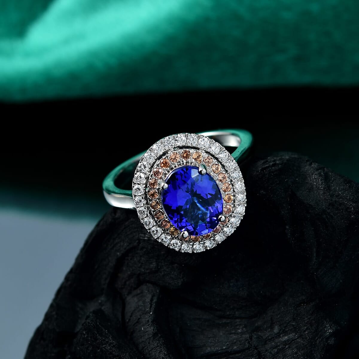 Certified & Appraised Rhapsody 950 Platinum AAAA Tanzanite, Padparadscha Sapphire, Diamond (E-F, VS) (0.35 cts) Ring (Size 9.5) (7 g) 3.00 ctw image number 1