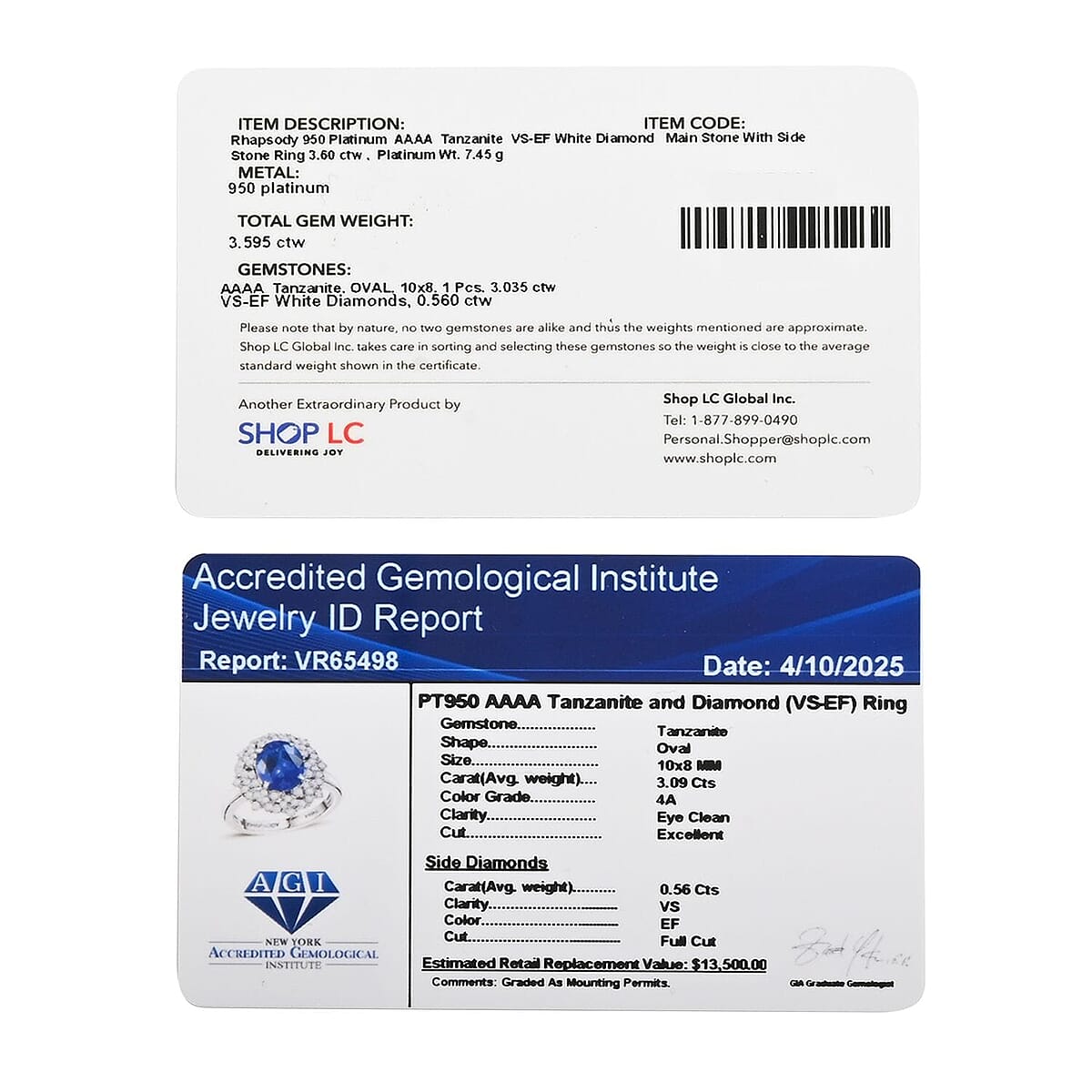 Certified & Appraised Rhapsody 950 Platinum AAAA Tanzanite, Diamond (E-F, VS) (0.56 cts) Ring (Size 11.5) (7.80 g) 3.65 ctw image number 6