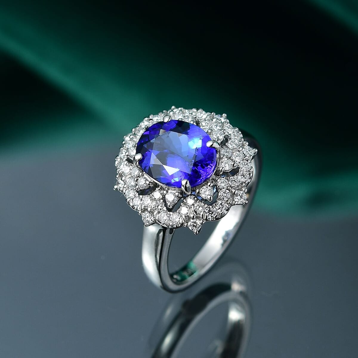Certified & Appraised Rhapsody 950 Platinum AAAA Tanzanite, Diamond (E-F, VS) (0.56 cts) Ring (Size 5.5) (7.80 g) 3.65 ctw image number 1