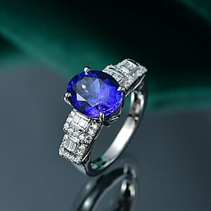 Certified & Appraised Rhapsody 950 Platinum AAAA Tanzanite, Diamond (E-F, VS) (0.42 cts) Ring (Size 11.0) (7.95 g) 4.50 ctw