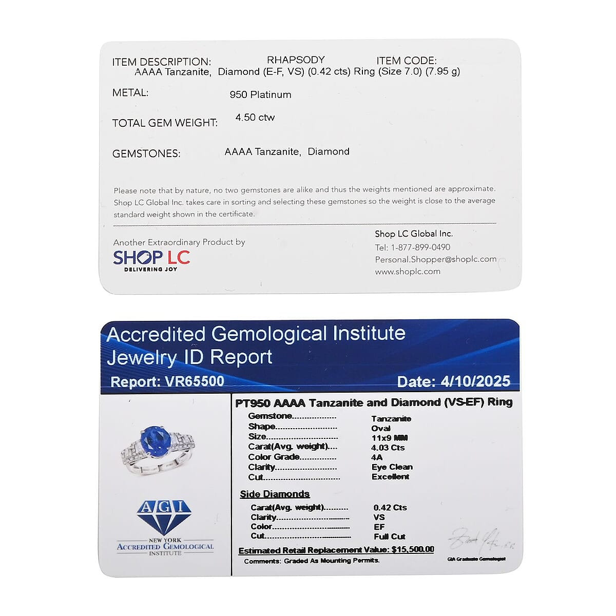 Certified & Appraised Rhapsody AAAA Tanzanite and E-F VS Diamond 4.50 ctw Ring in 950 Platinum (Size 8.0) 7.95 Grams image number 6