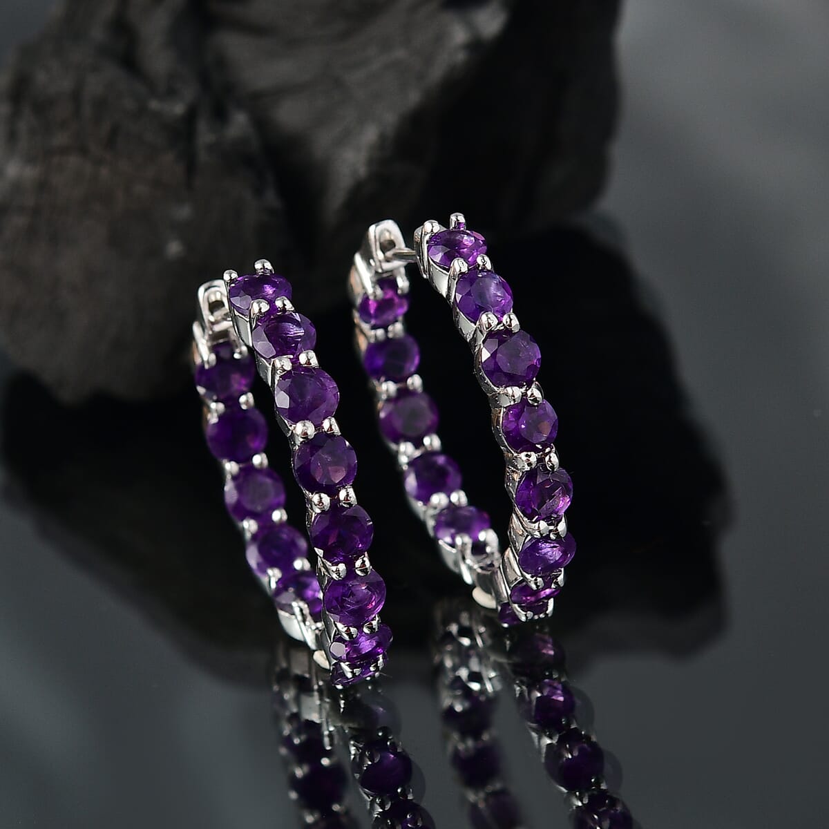 Karis African Amethyst 6.15 ctw Hoop Earrings in Platinum Bond  image number 1