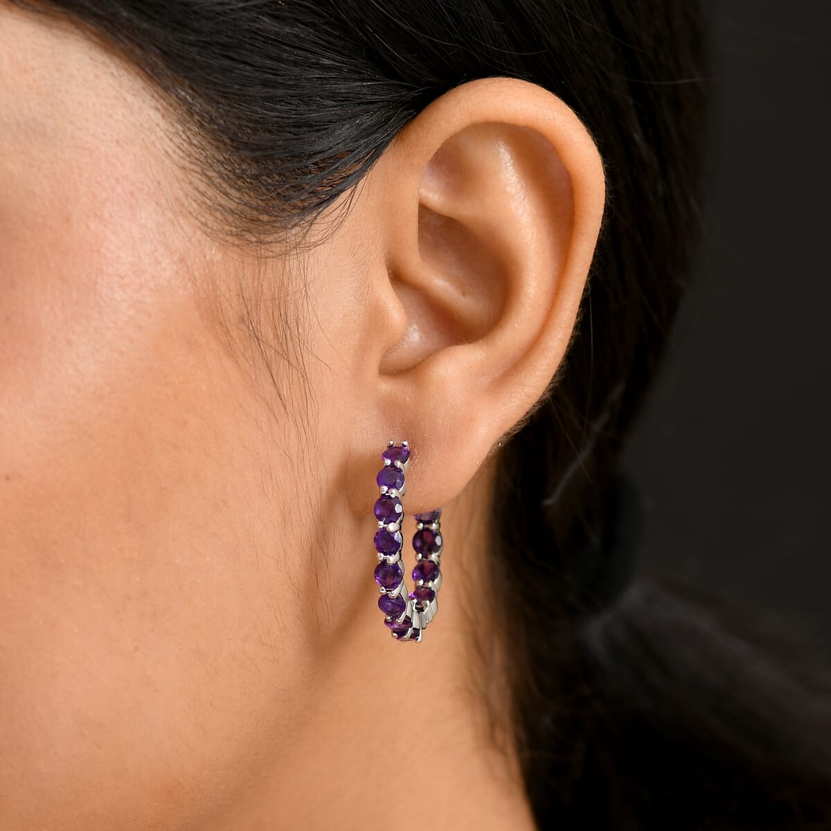 Karis African Amethyst 6.15 ctw Hoop Earrings in Platinum Bond  image number 2