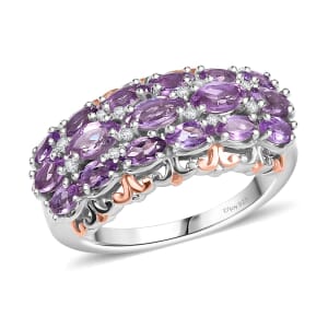 D'Joy Rose De France Amethyst and White Zircon 1.70 ctw Vines Ring in 18K Vermeil RG and Rhodium Over Sterling Silver (Size 10.0)