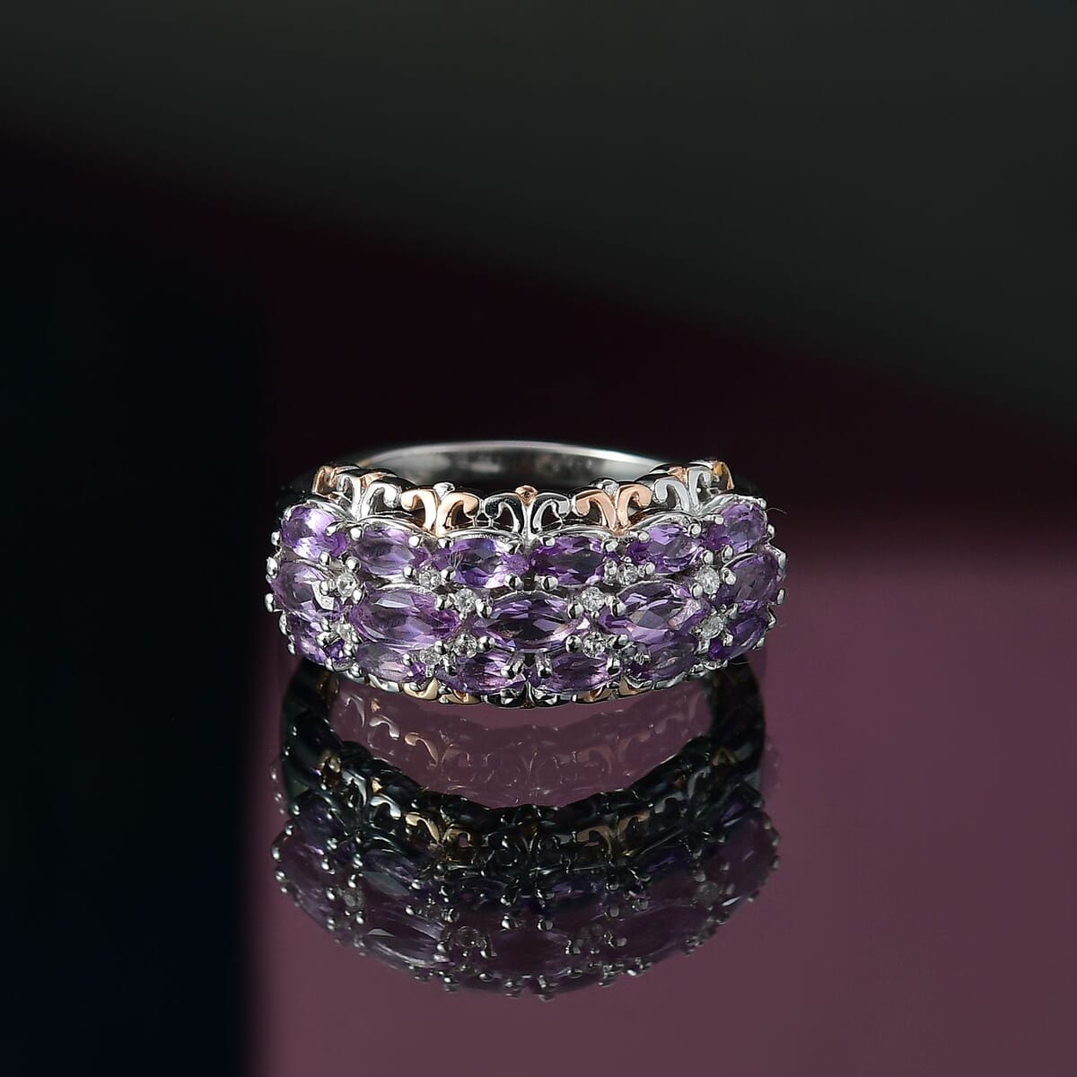 D'Joy Rose De France Amethyst and White Zircon 1.70 ctw Vines Ring in 18K Vermeil RG and Rhodium Over Sterling Silver (Size 10.0) image number 1
