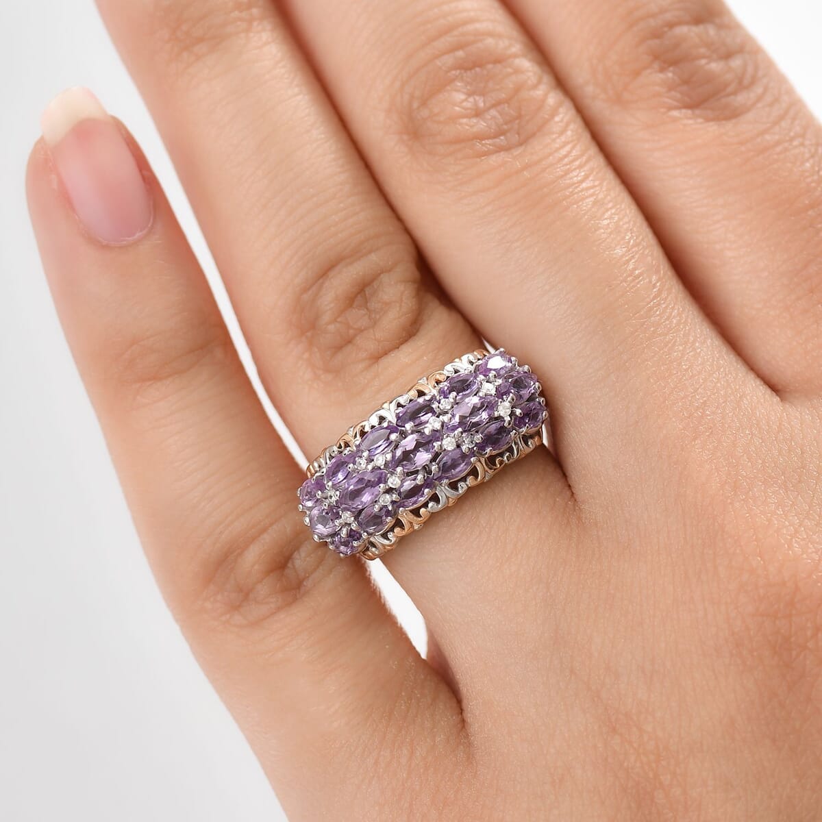 D'Joy Rose De France Amethyst and White Zircon 1.70 ctw Vines Ring in 18K Vermeil RG and Rhodium Over Sterling Silver (Size 10.0) image number 2