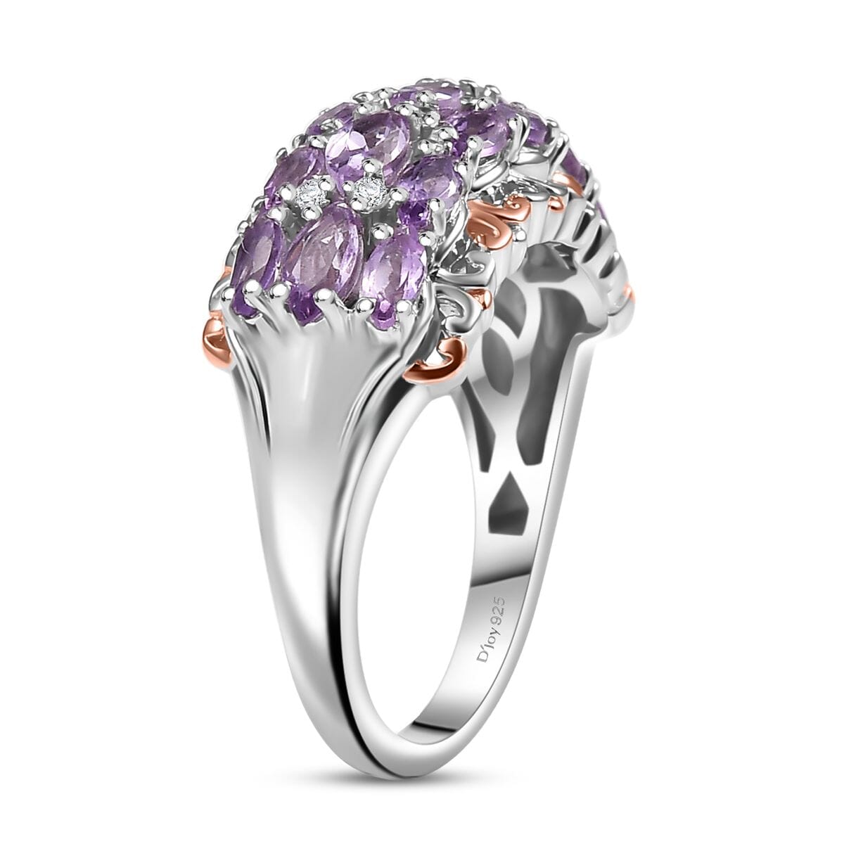 D'Joy Rose De France Amethyst and White Zircon 1.70 ctw Vines Ring in 18K Vermeil RG and Rhodium Over Sterling Silver (Size 10.0) image number 3
