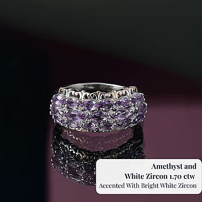 D'Joy Rose De France Amethyst and White Zircon 1.70 ctw Vines Ring in 18K Vermeil RG and Rhodium Over Sterling Silver (Size 10.0)