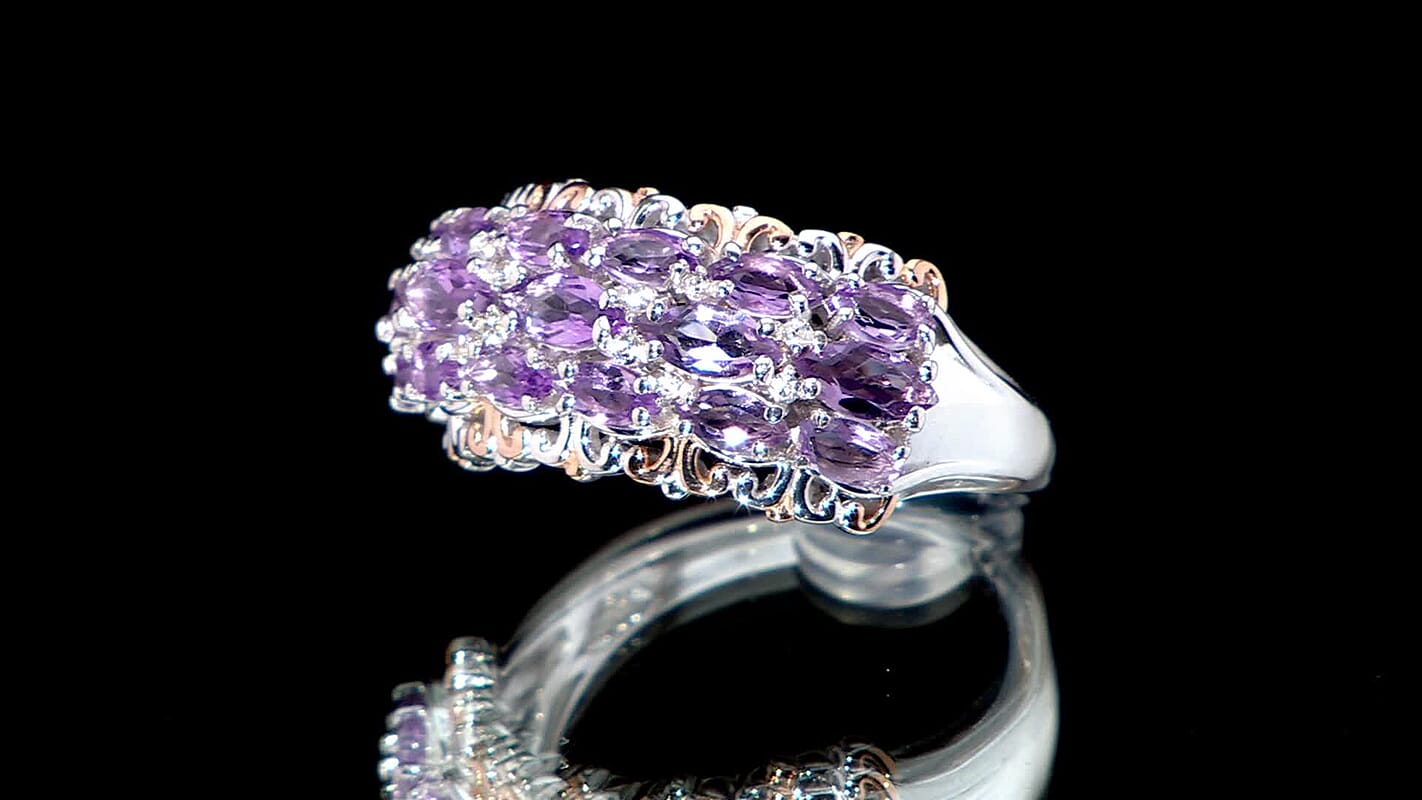 D'Joy Rose De France Amethyst and White Zircon 1.70 ctw Ring in 18K Vermeil RG and Rhodium Over Sterling Silver (Size 10.0)