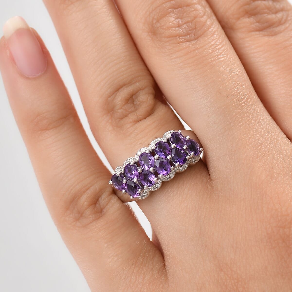D'Joy Premium Bolivian Amethyst and White Zircon 1.75 ctw Violet Cascade Ring in Platinum Over Sterling Silver (Size 10.0) image number 2