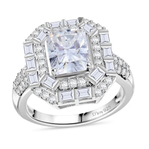 D'Joy Radiant Cut Moissanite 3.55 ctw Art Deco Ring in Rhodium Over Sterling Silver (Size 10.0)