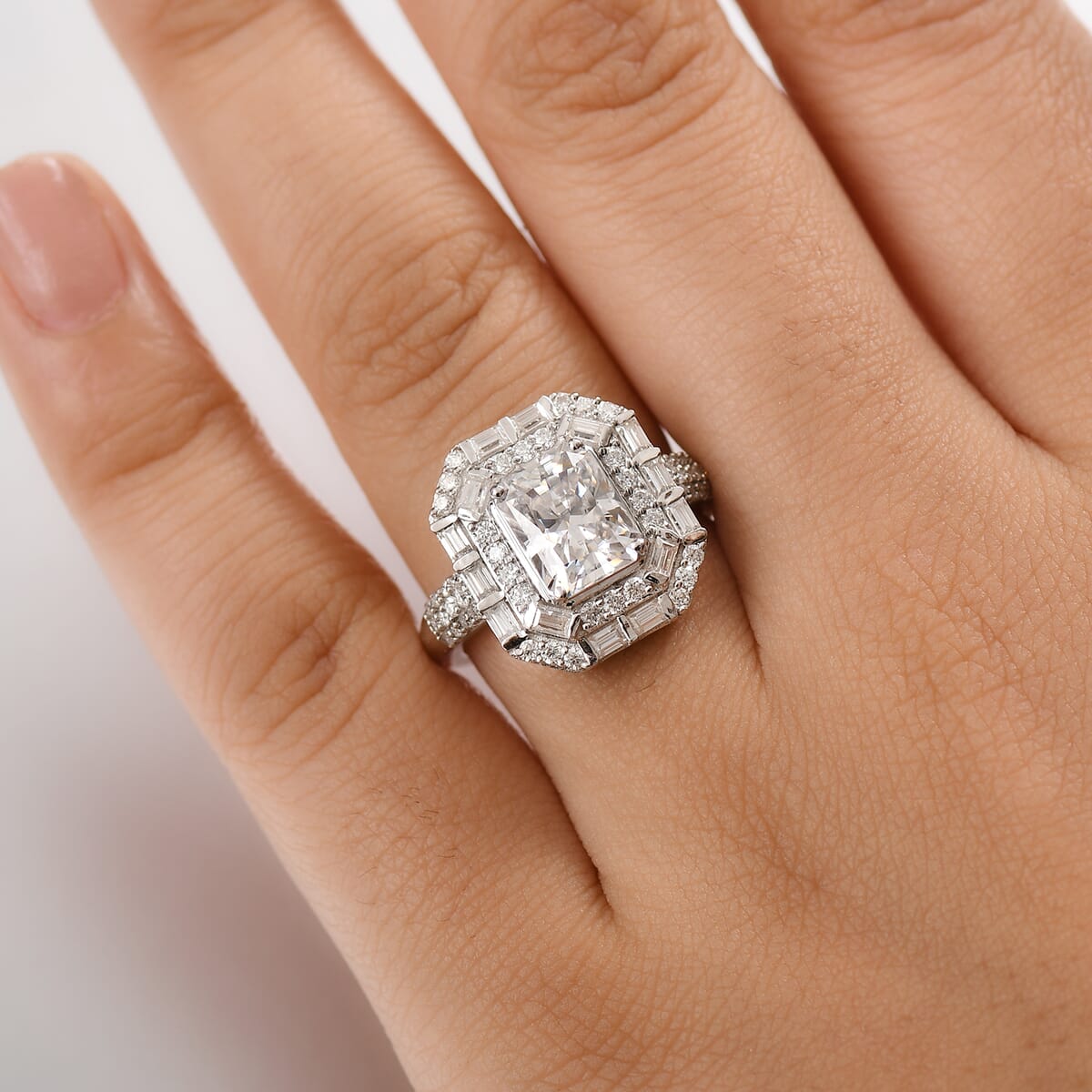 Radiant Cut Moissanite 3.55 ctw Ring in Rhodium Over Sterling Silver image number 2