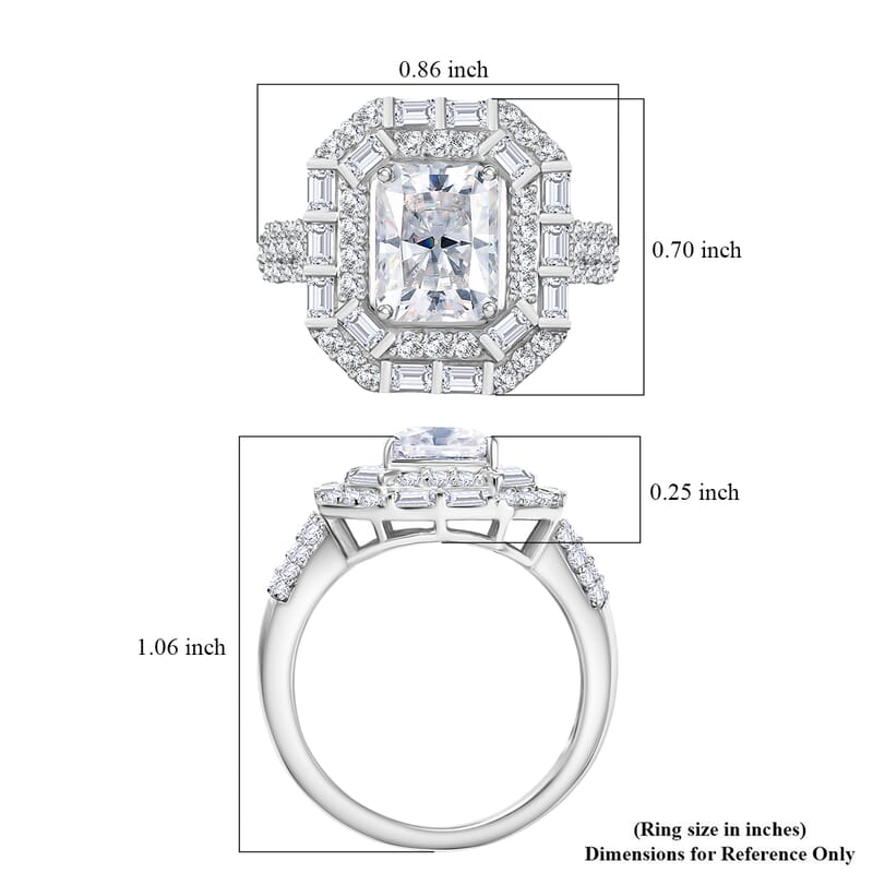 D'Joy Radiant Cut Moissanite 3.55 ctw Art Deco Ring in Rhodium Over Sterling Silver (Size 10.0)