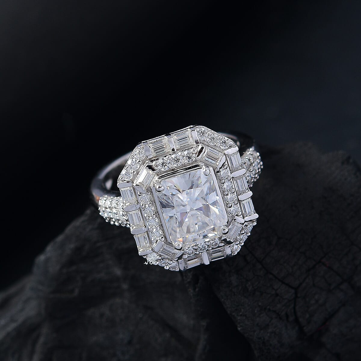 D'Joy Radiant Cut Moissanite 3.55 ctw Art Deco Ring in Rhodium Over Sterling Silver (Size 8.0) image number 1