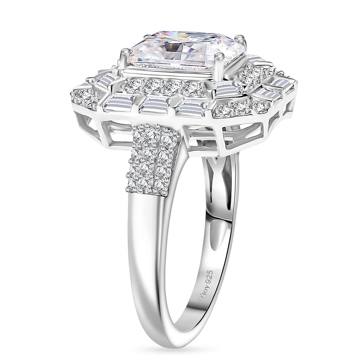 D'Joy Radiant Cut Moissanite 3.55 ctw Art Deco Ring in Rhodium Over Sterling Silver (Size 8.0) image number 3