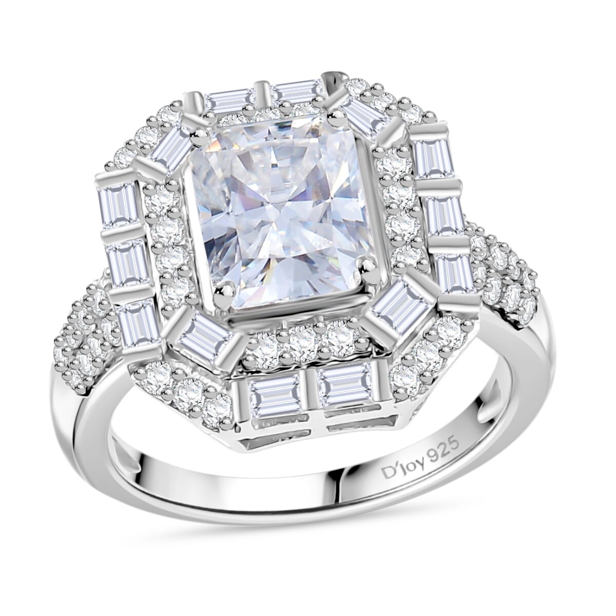 D'Joy Radiant Cut Moissanite 3.55 ctw Art Deco Ring in Rhodium Over Sterling Silver (Size 9.0) image number 0