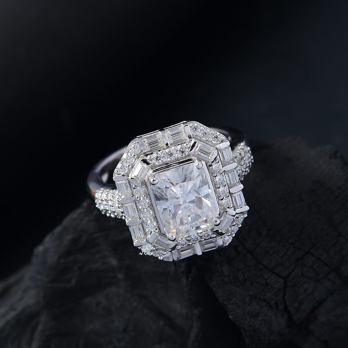 D'Joy Radiant Cut Moissanite 3.55 ctw Art Deco Ring in Rhodium Over Sterling Silver (Size 9.0) image number 1