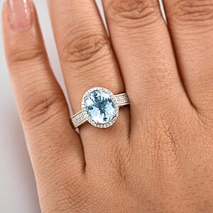 Luxoro Premium Mangoro Aquamarine and White Diamond G-H I2 3.30 ctw Lotus Flower Ring in 10K White Gold (Size 10.0)