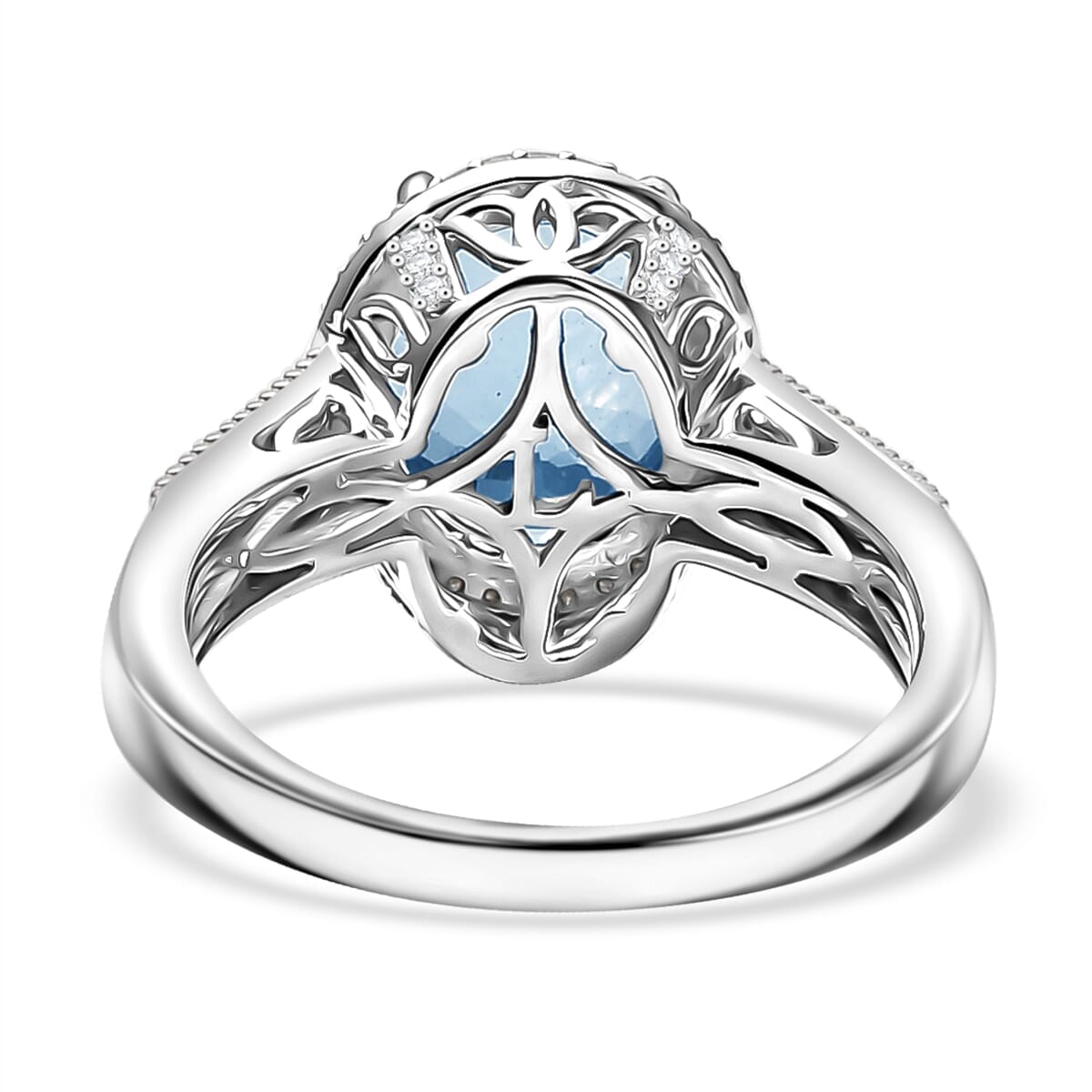Luxoro Premium Mangoro Aquamarine and White Diamond G-H I2 3.30 ctw Lotus Flower Ring in 10K White Gold (Size 10.0) image number 4